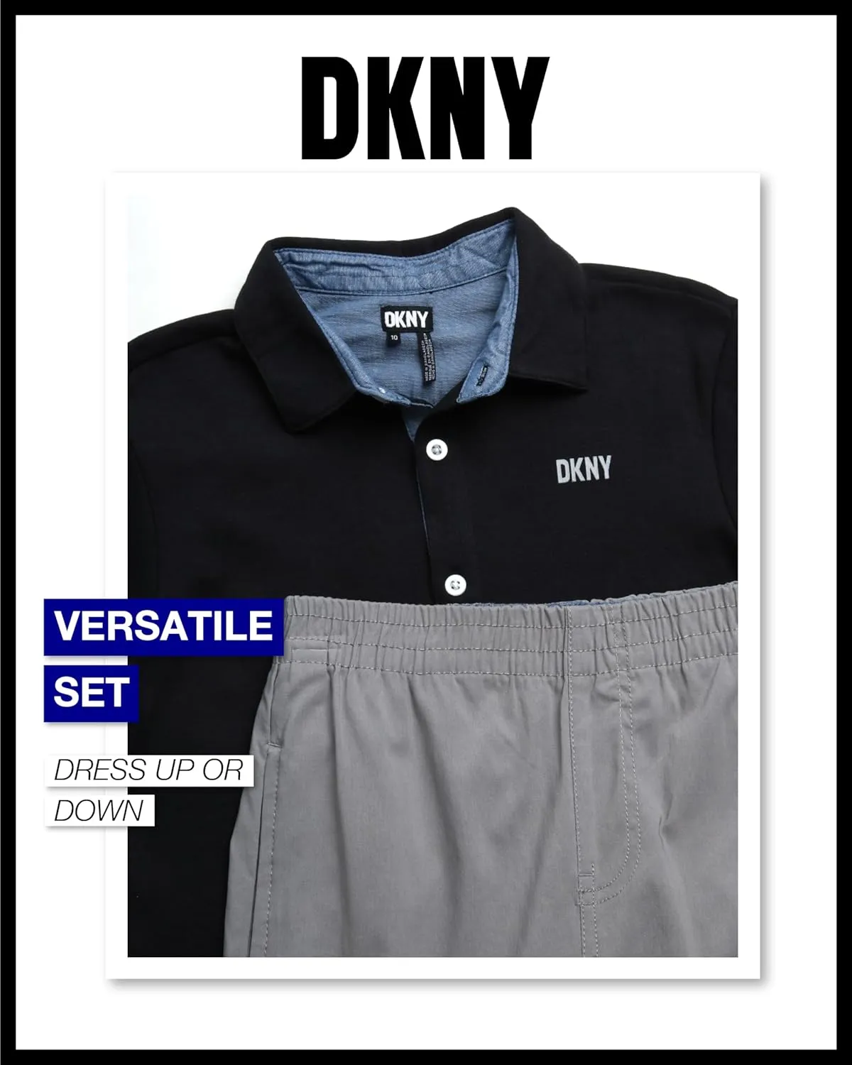 DKNY Boys' Pants Set - 2 Piece Short Sleeve Collared Button Down Shirt and Flat Front Tech Jogger Pants for Boys (Sizes:8-12)