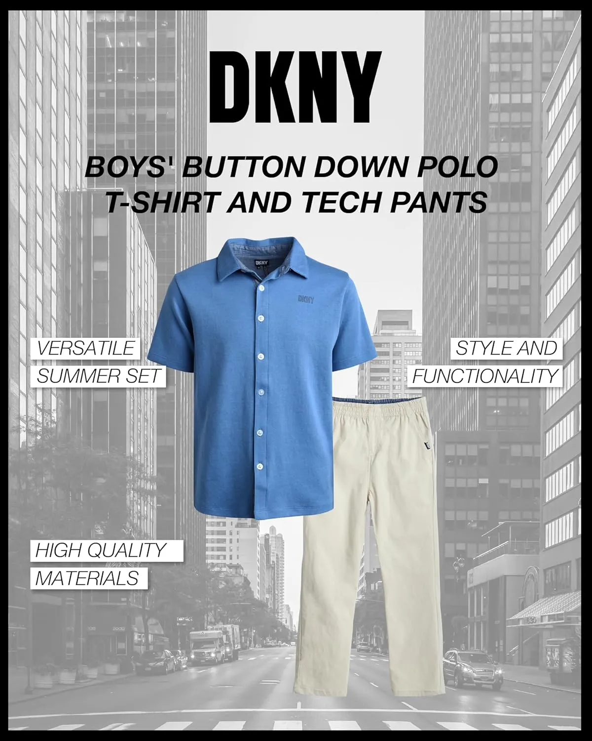 DKNY Boys' Pants Set - 2 Piece Short Sleeve Collared Button Down Shirt and Flat Front Tech Jogger Pants for Boys (Sizes:8-12)
