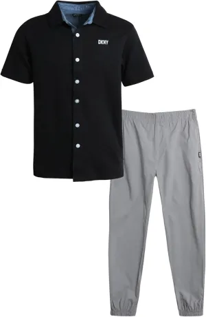 DKNY Boys' Pants Set - 2 Piece Short Sleeve Collared Button Down Shirt and Flat Front Tech Jogger Pants for Boys (Sizes:8-12)