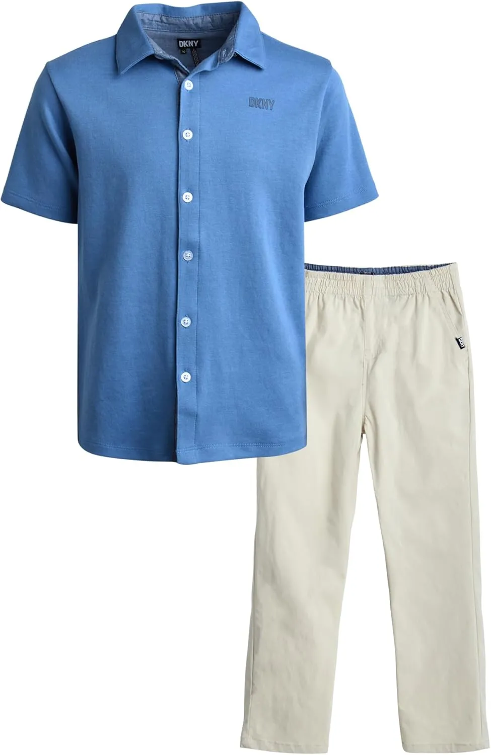 DKNY Boys' Pants Set - 2 Piece Short Sleeve Collared Button Down Shirt and Flat Front Tech Jogger Pants for Boys (Sizes:8-12)
