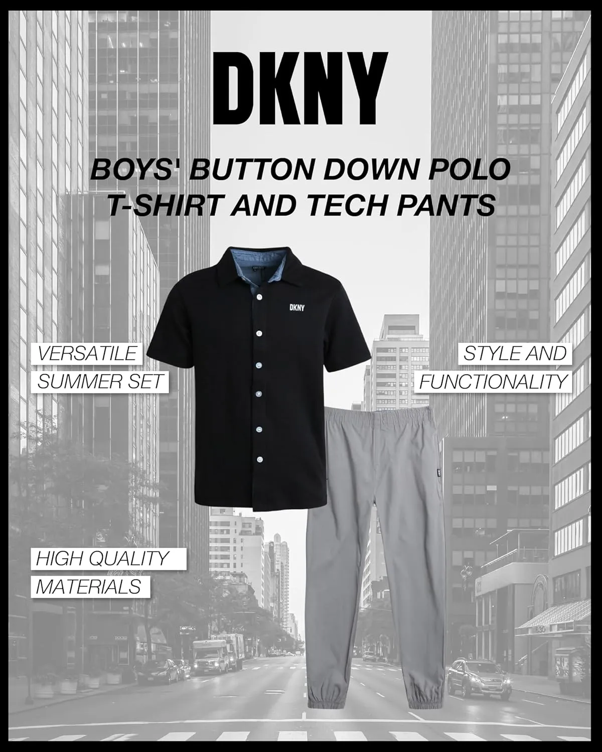 DKNY Boys' Pants Set - 2 Piece Short Sleeve Collared Button Down Shirt and Flat Front Tech Jogger Pants for Boys (Sizes:8-12)