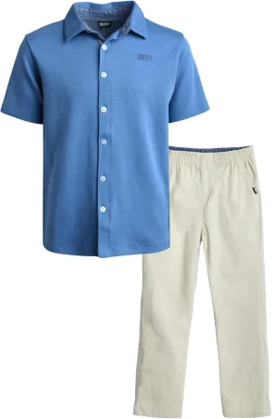 DKNY Boys' Pants Set - 2 Piece Short Sleeve Collared Button Down Shirt and Flat Front Tech Jogger Pants for Boys (Sizes:8-12)