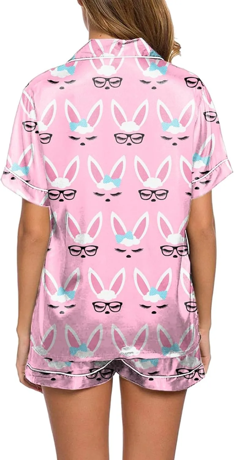 Easter Silk Pajamas for Women Satin Lapel Bunny Print Short Sleeve Pjs Sets Cute Button Down Summer Lounge Sleepwears