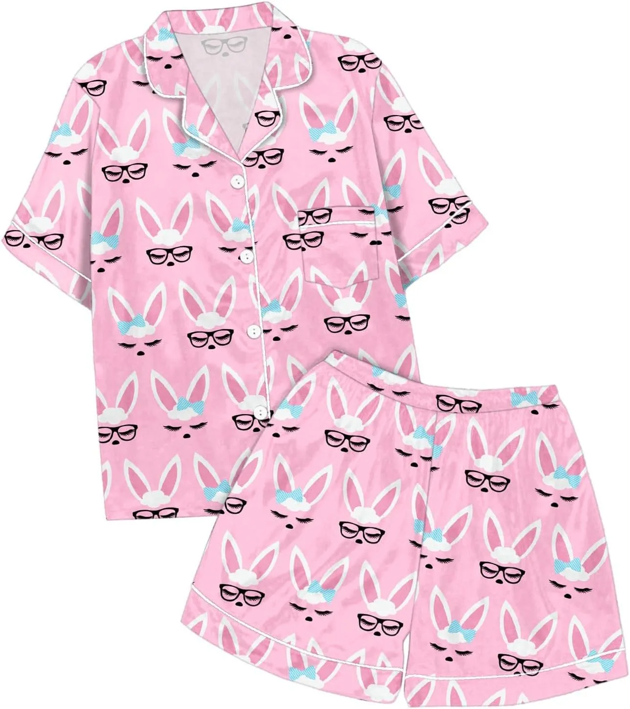 Easter Silk Pajamas for Women Satin Lapel Bunny Print Short Sleeve Pjs Sets Cute Button Down Summer Lounge Sleepwears