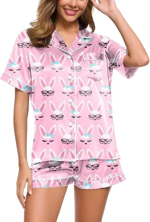 Easter Silk Pajamas for Women Satin Lapel Bunny Print Short Sleeve Pjs Sets Cute Button Down Summer Lounge Sleepwears