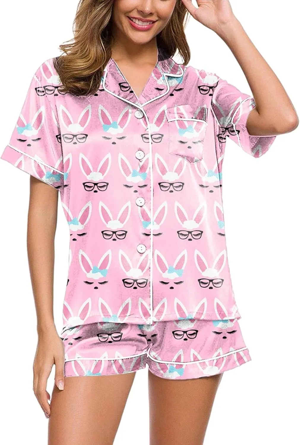 Easter Silk Pajamas for Women Satin Lapel Bunny Print Short Sleeve Pjs Sets Cute Button Down Summer Lounge Sleepwears