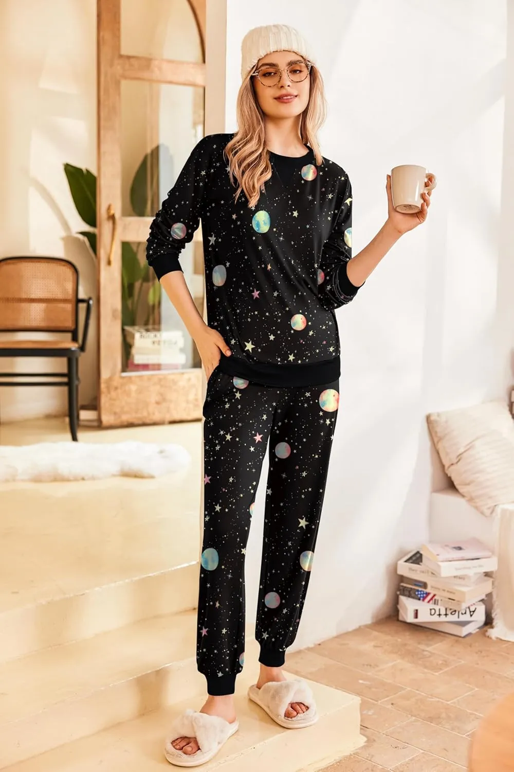 Ekouaer Pajamas Set Long Sleeve Pj Sets 2 Piece Jogger Pajama Sets Soft Sleepwear Loungewear for Women
