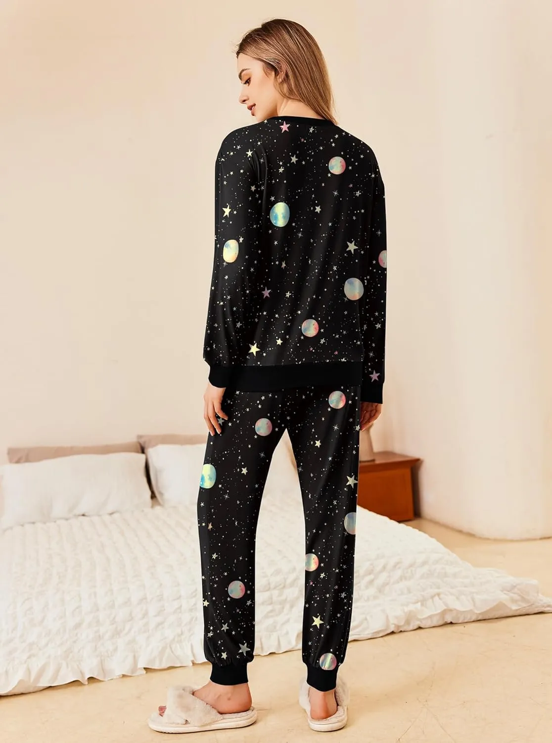 Ekouaer Pajamas Set Long Sleeve Pj Sets 2 Piece Jogger Pajama Sets Soft Sleepwear Loungewear for Women