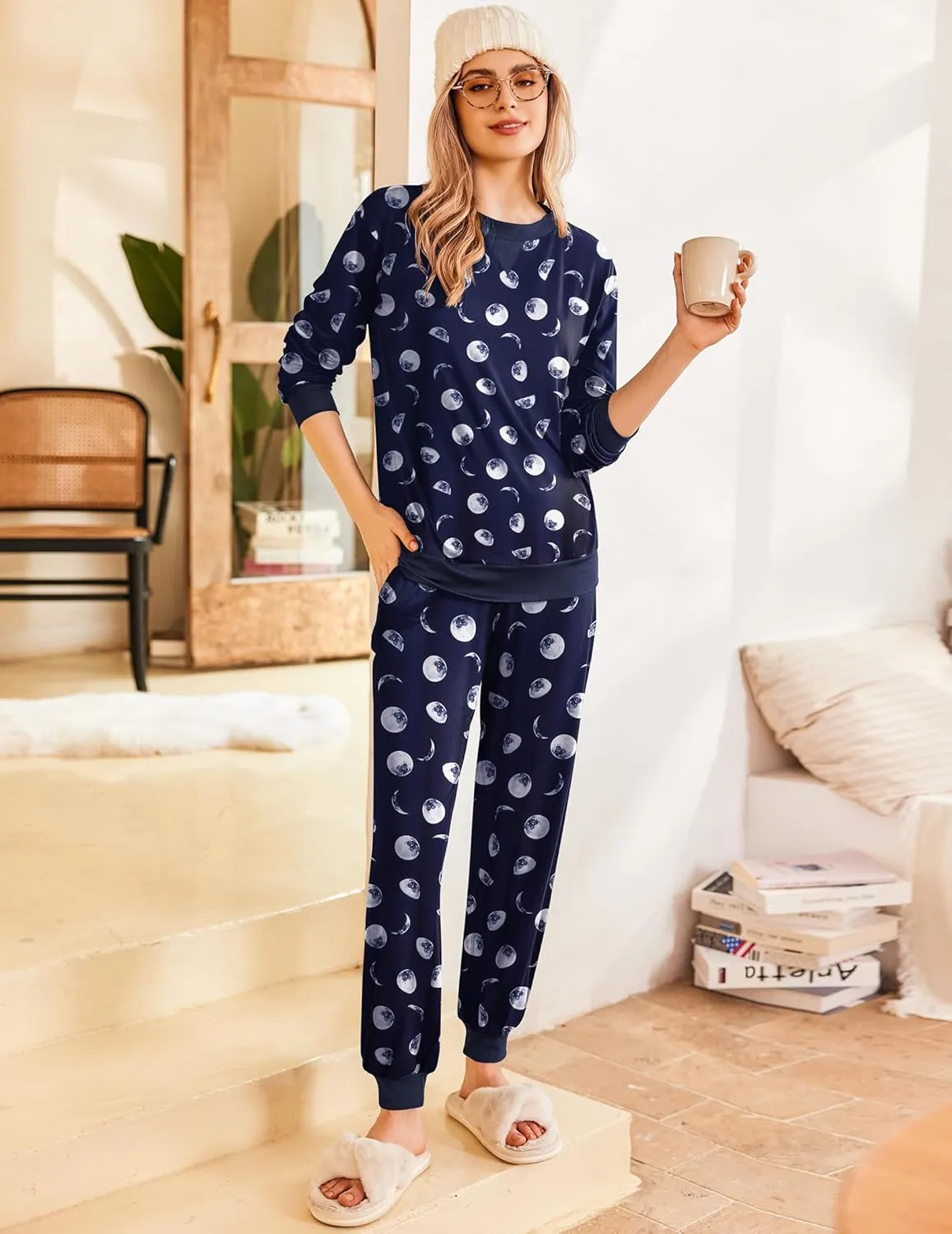 Ekouaer Pajamas Set Long Sleeve Pj Sets 2 Piece Jogger Pajama Sets Soft Sleepwear Loungewear for Women