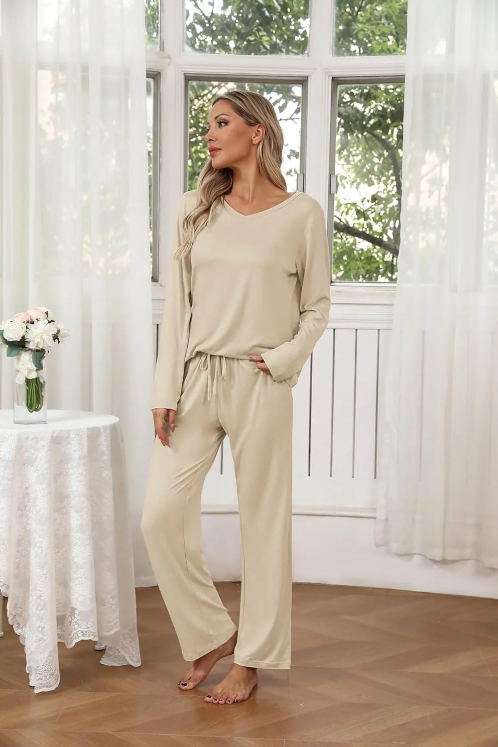 Ekouaer Womens 2 Pack Pajama Set Long Sleeve Pajamas Top and Pants V Neck Pjs Set Soft Loungewear with Pockets