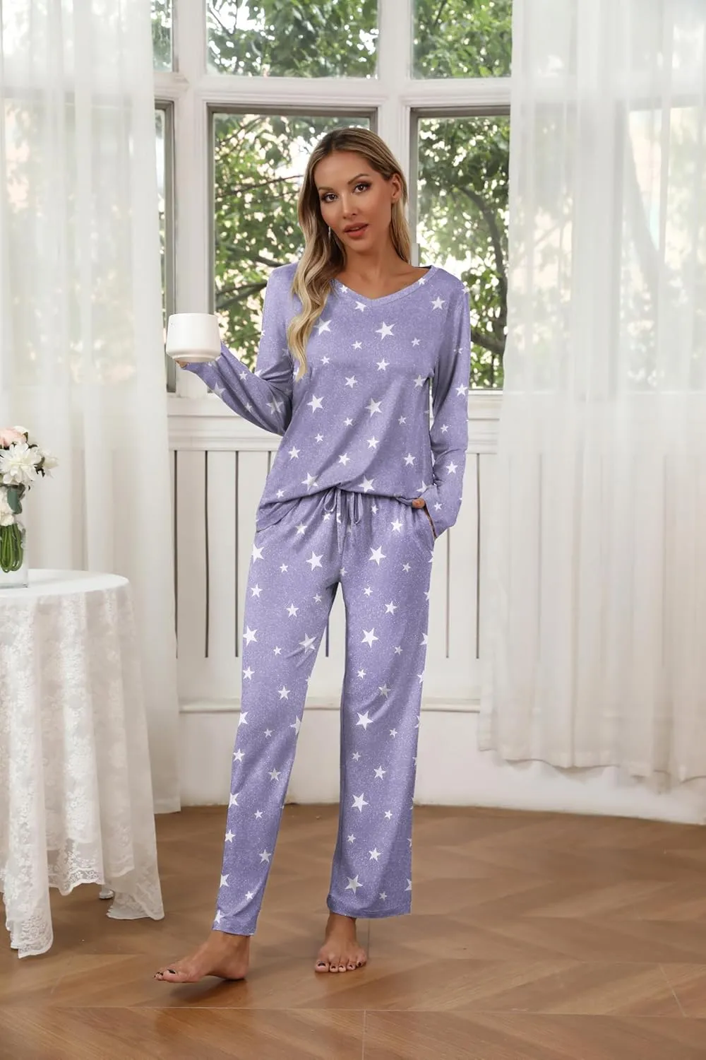 Ekouaer Womens 2 Pack Pajama Set Long Sleeve Pajamas Top and Pants V Neck Pjs Set Soft Loungewear with Pockets