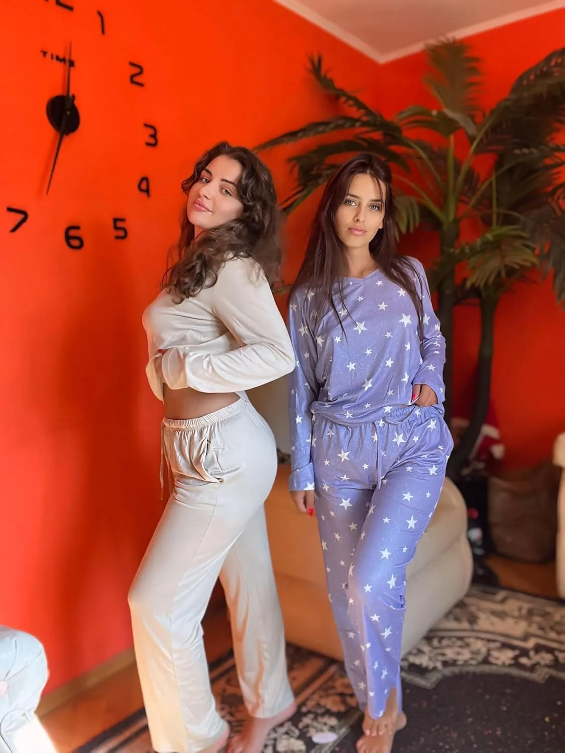 Ekouaer Womens 2 Pack Pajama Set Long Sleeve Pajamas Top and Pants V Neck Pjs Set Soft Loungewear with Pockets
