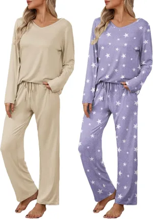 Ekouaer Womens 2 Pack Pajama Set Long Sleeve Pajamas Top and Pants V Neck Pjs Set Soft Loungewear with Pockets