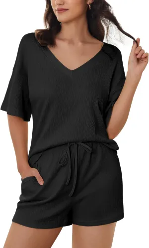 Ekouaer Women's 2 Piece Lounge Set V-Neck Pajama Sets Oversized Summer Outfits with Pockets