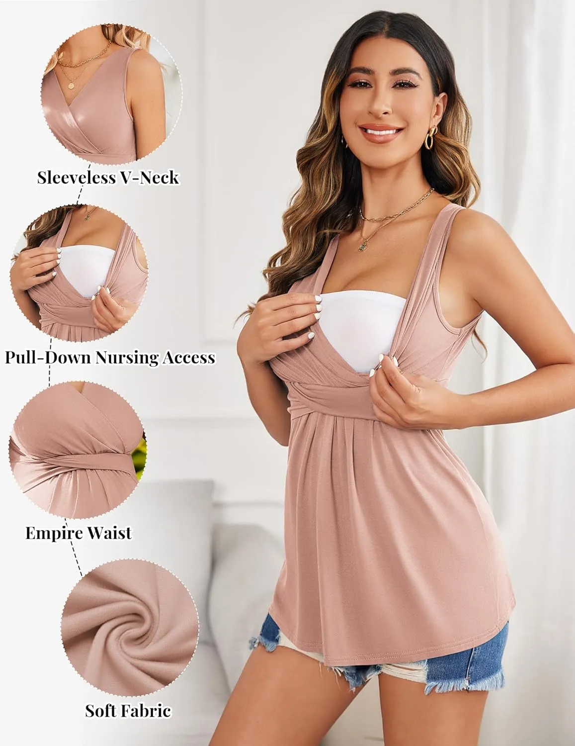 Ekouaer Women's Maternity Tank Tops 3 Packs Sleeveless Nursing Tops V Neck Breastfeeding Shirts Pregnancy Clothes