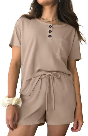 Ekouaer Womens Pajama Sets 2 Piece Ribbed Knit Pjs Short Sleeve Soft Sleepwear Summer Lounge Sets