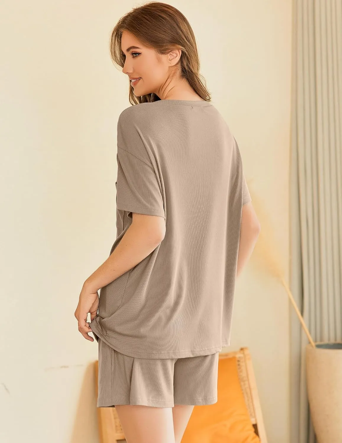 Ekouaer Womens Pajama Sets 2 Piece Ribbed Knit Pjs Short Sleeve Soft Sleepwear Summer Lounge Sets