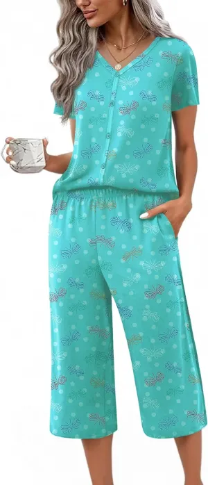 Ekouaer Women's Pajama Sets Short Sleeve Sleepwear Button Up Pj Loungewear Top and Capri Pants with Pockets