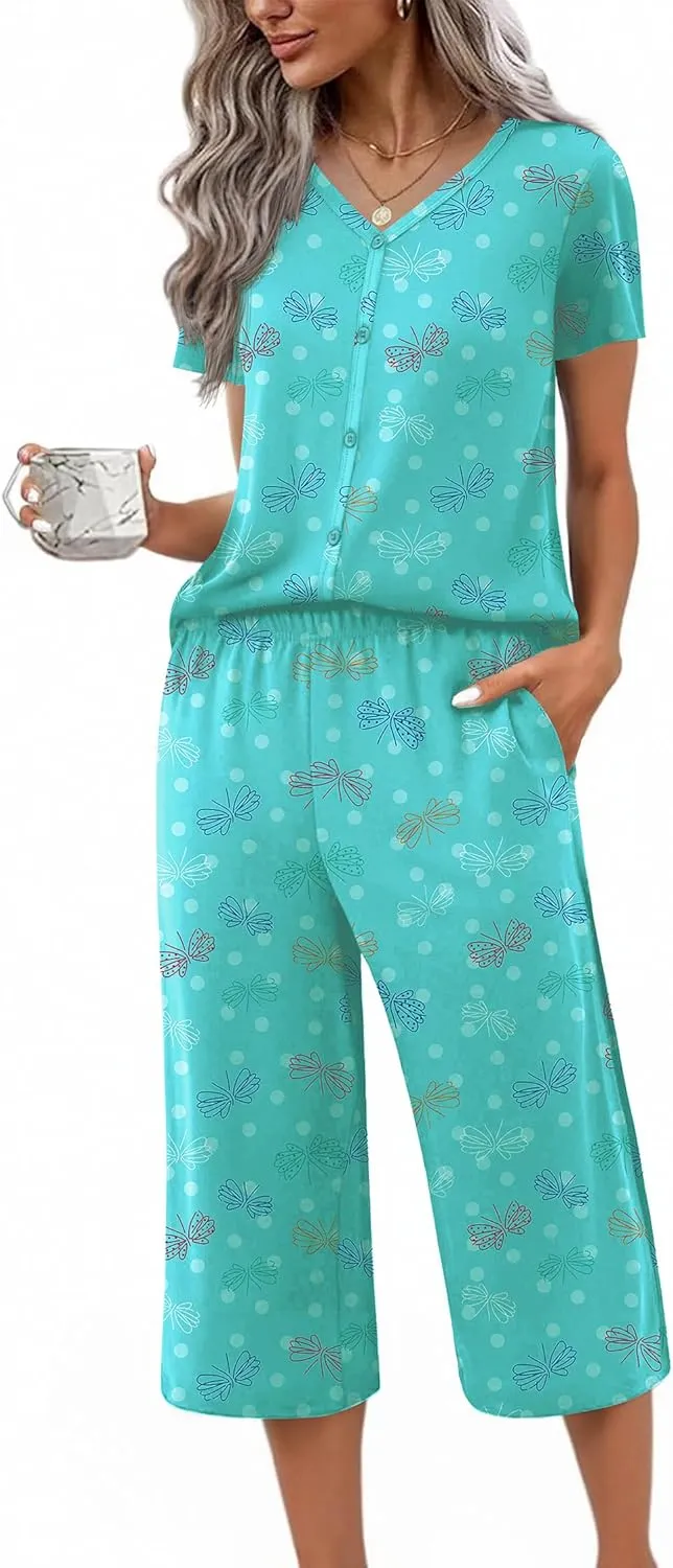 Ekouaer Women's Pajama Sets Short Sleeve Sleepwear Button Up Pj Loungewear Top and Capri Pants with Pockets