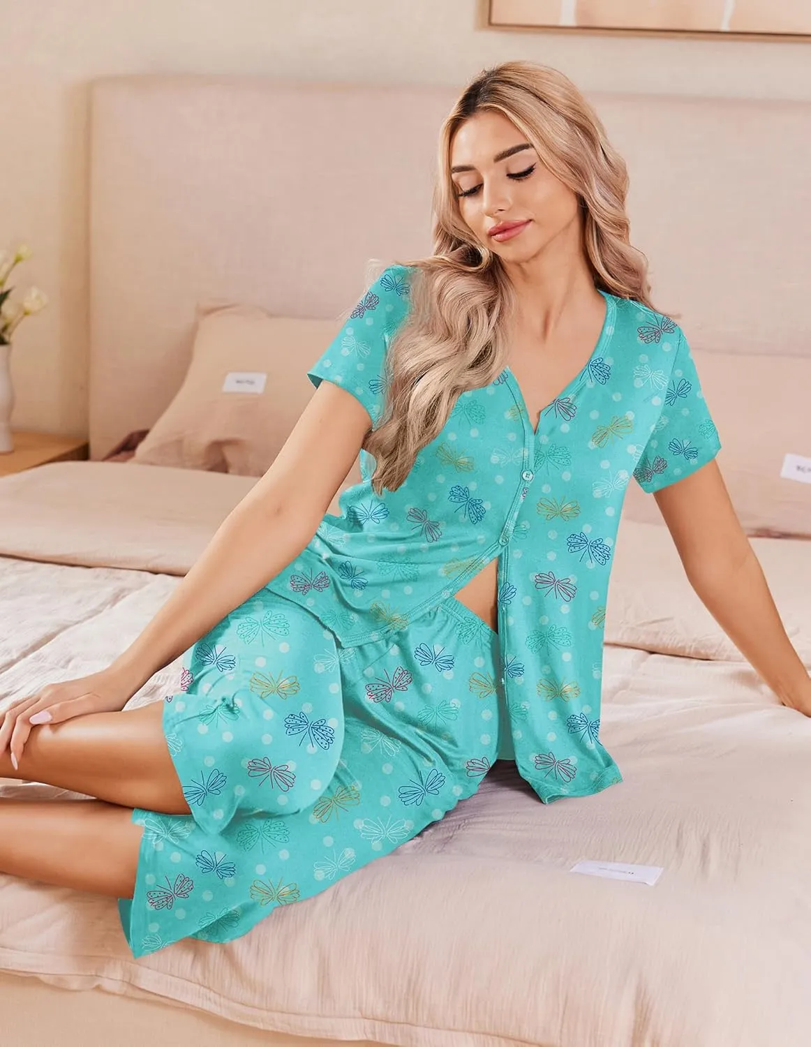 Ekouaer Women's Pajama Sets Short Sleeve Sleepwear Button Up Pj Loungewear Top and Capri Pants with Pockets