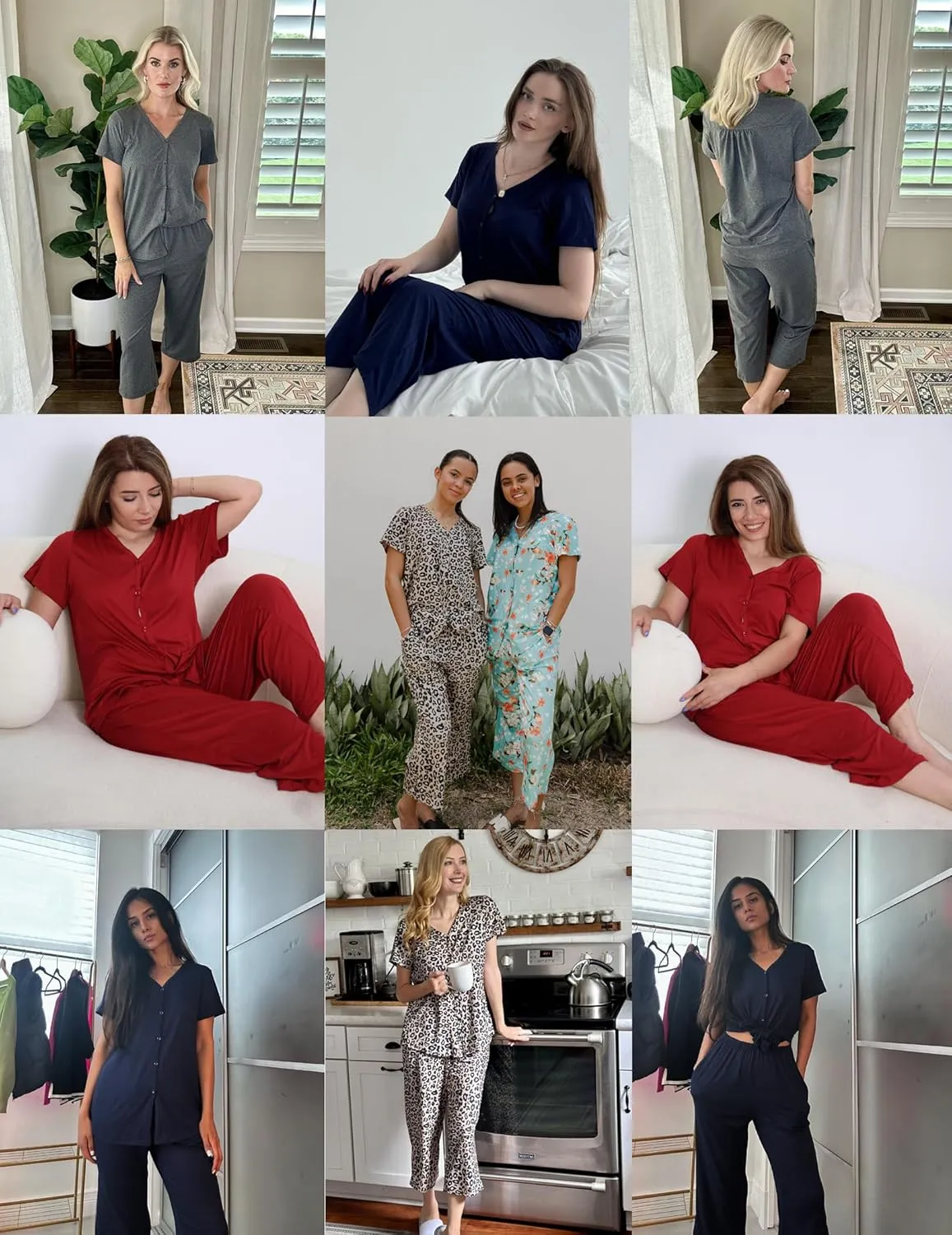 Ekouaer Women's Pajama Sets Short Sleeve Sleepwear Button Up Pj Loungewear Top and Capri Pants with Pockets