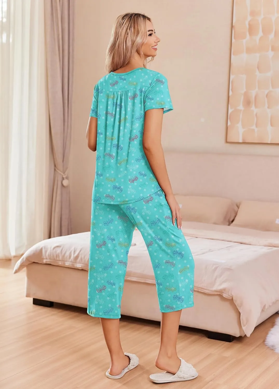 Ekouaer Women's Pajama Sets Short Sleeve Sleepwear Button Up Pj Loungewear Top and Capri Pants with Pockets