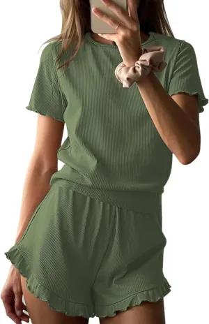 Ekouaer Womens Ribbed Knit Pajama Sets 2 Piece Short Sleeve Pjs Cute Pajamas Ruffle Lounge Sets Soft Sleepwear Set S-XXL