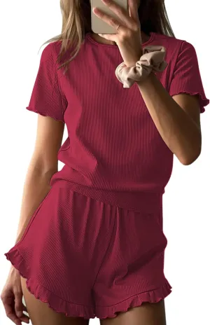 Ekouaer Womens Ribbed Knit Pajama Sets 2 Piece Short Sleeve Pjs Cute Pajamas Ruffle Lounge Sets Soft Sleepwear Set S-XXL