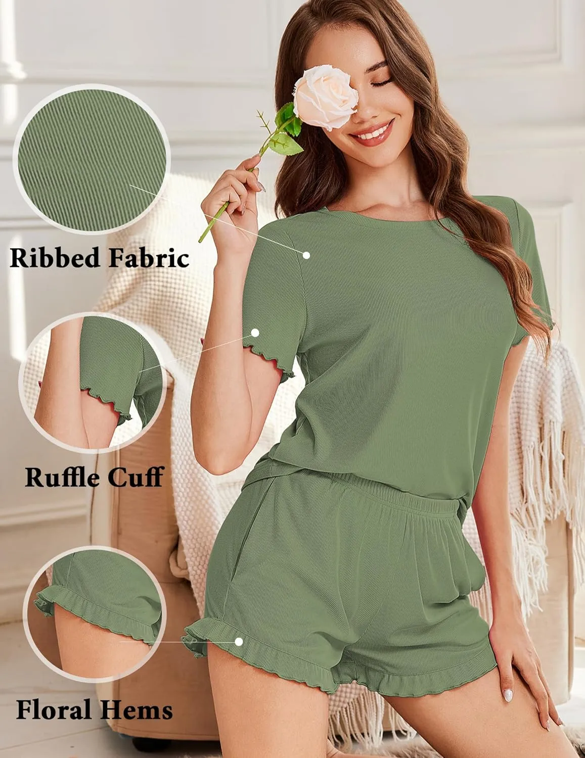 Ekouaer Womens Ribbed Knit Pajama Sets 2 Piece Short Sleeve Pjs Cute Pajamas Ruffle Lounge Sets Soft Sleepwear Set S-XXL