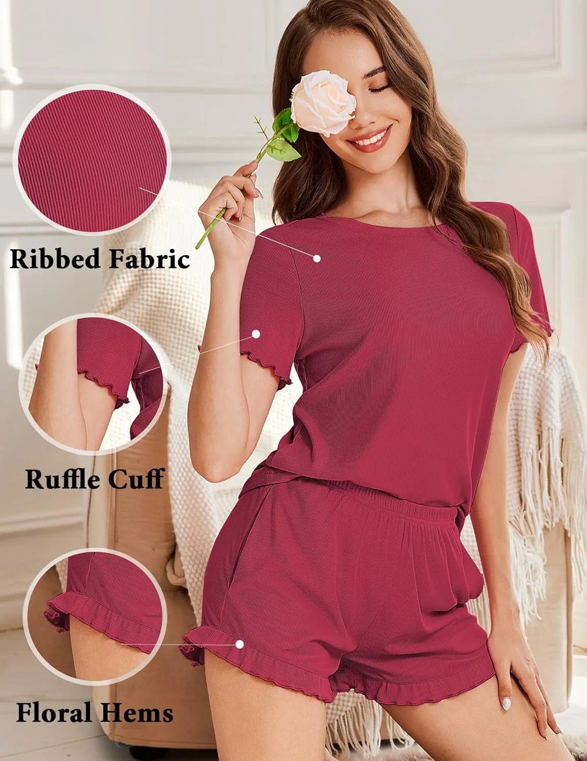 Ekouaer Womens Ribbed Knit Pajama Sets 2 Piece Short Sleeve Pjs Cute Pajamas Ruffle Lounge Sets Soft Sleepwear Set S-XXL