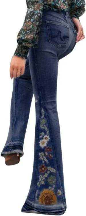 Embroidered Flare Jeans Women Bell Bottom Pants Stretch Floral Bell Bottom Jeans Plus Size Wide Leg Denim Pants
