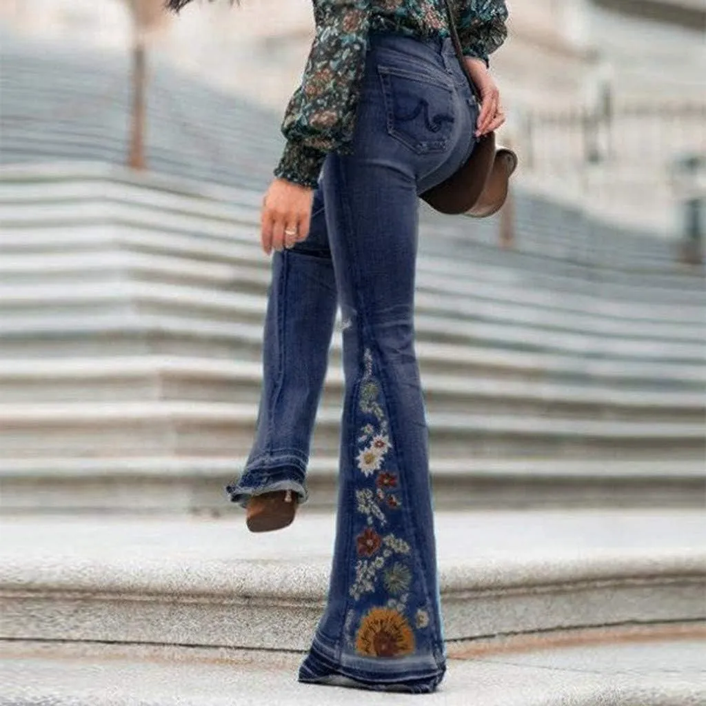 Embroidered Flare Jeans Women Bell Bottom Pants Stretch Floral Bell Bottom Jeans Plus Size Wide Leg Denim Pants