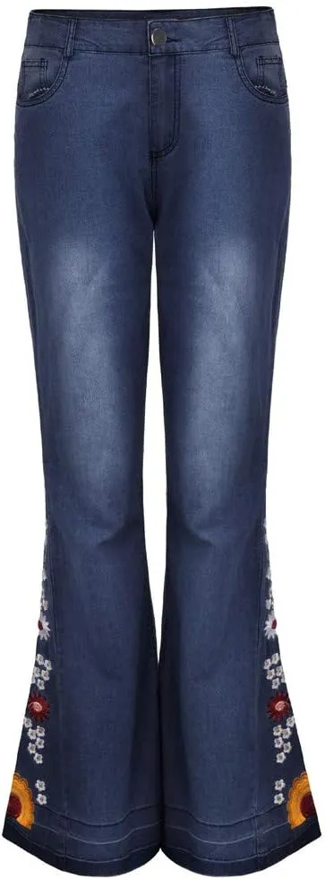 Embroidered Flare Jeans Women Bell Bottom Pants Stretch Floral Bell Bottom Jeans Plus Size Wide Leg Denim Pants
