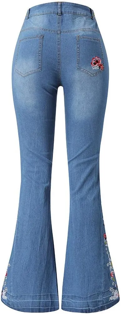 Embroidered Flared Jeans for Women High Waisted Bell Bottom Jeans Plus Size Flared Denim Pant Retro Wide Leg Jeans