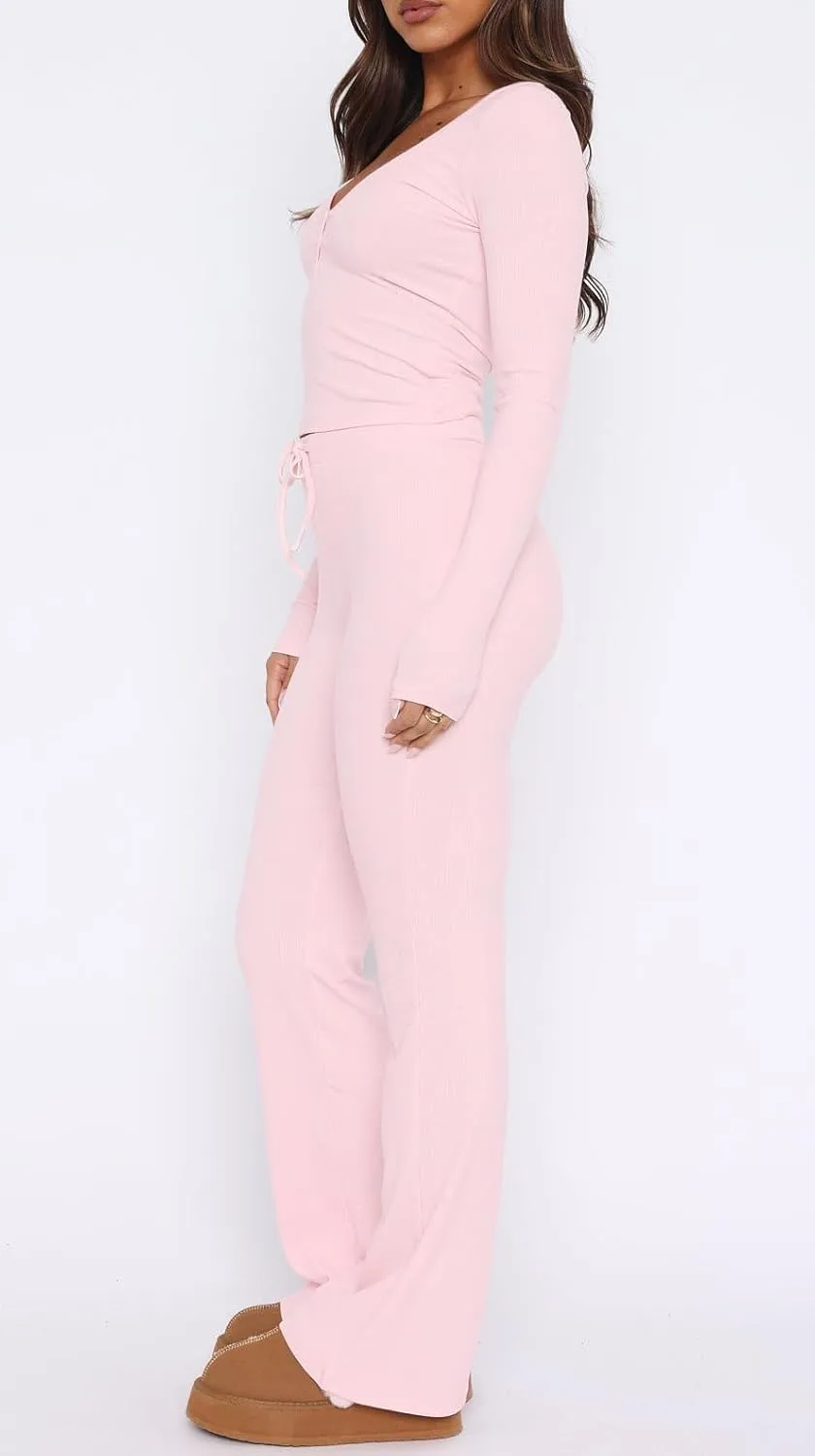 Ezbelle Women's Lounge Sets 2 Piece Outfits Long Sleeve Crop Button Down V Neck Shirt Knit Pajama Pant Fall Clothes