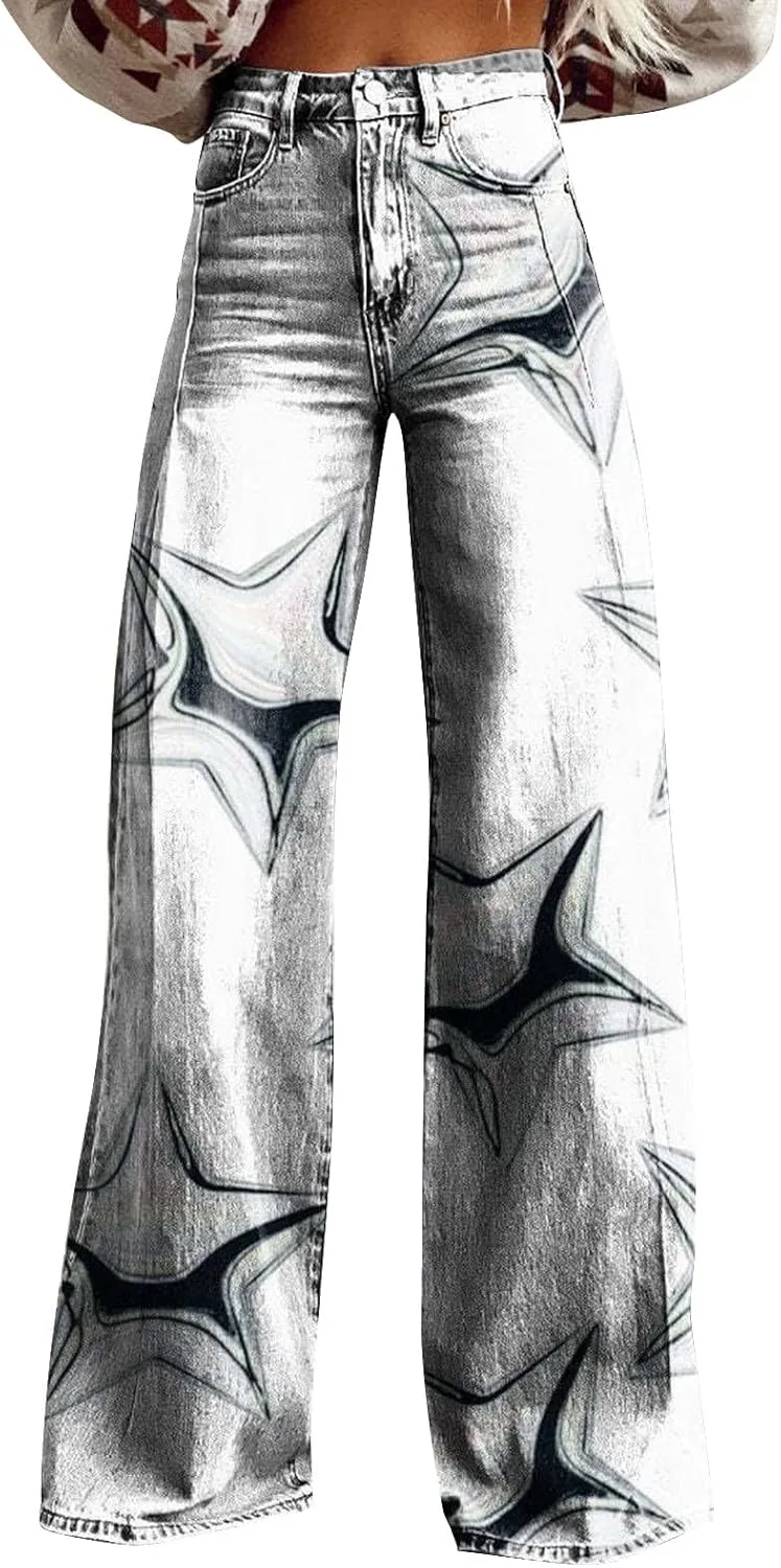 Flare Jeans for Women Flower Print Cute Trendy Wide Leg Baggy Pants High Waisted Flared Denim Trouser Vintage Jeans
