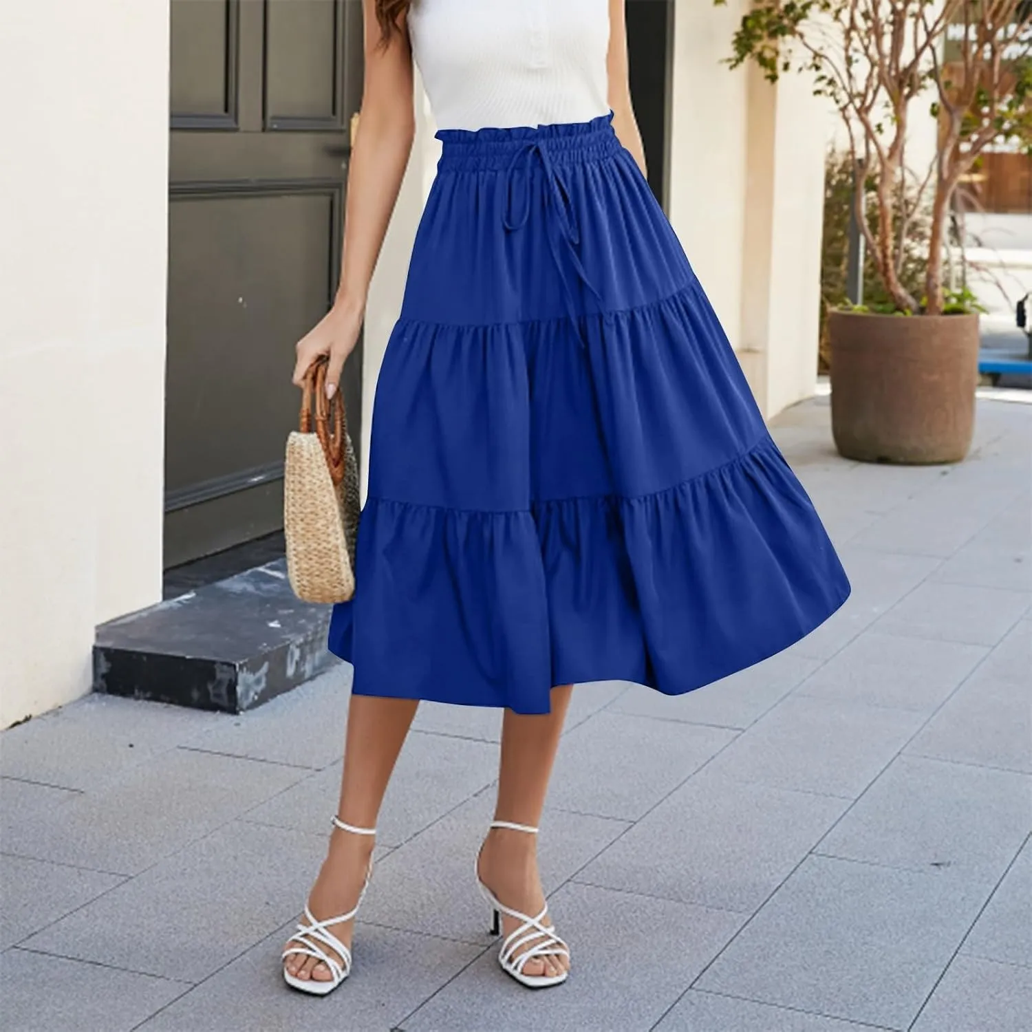 Floral Maxi Skirt for Women Summer Comfy Tiered Elastic High Waisted Skirts Vacation A-Line Flowy Swing Long Skirts