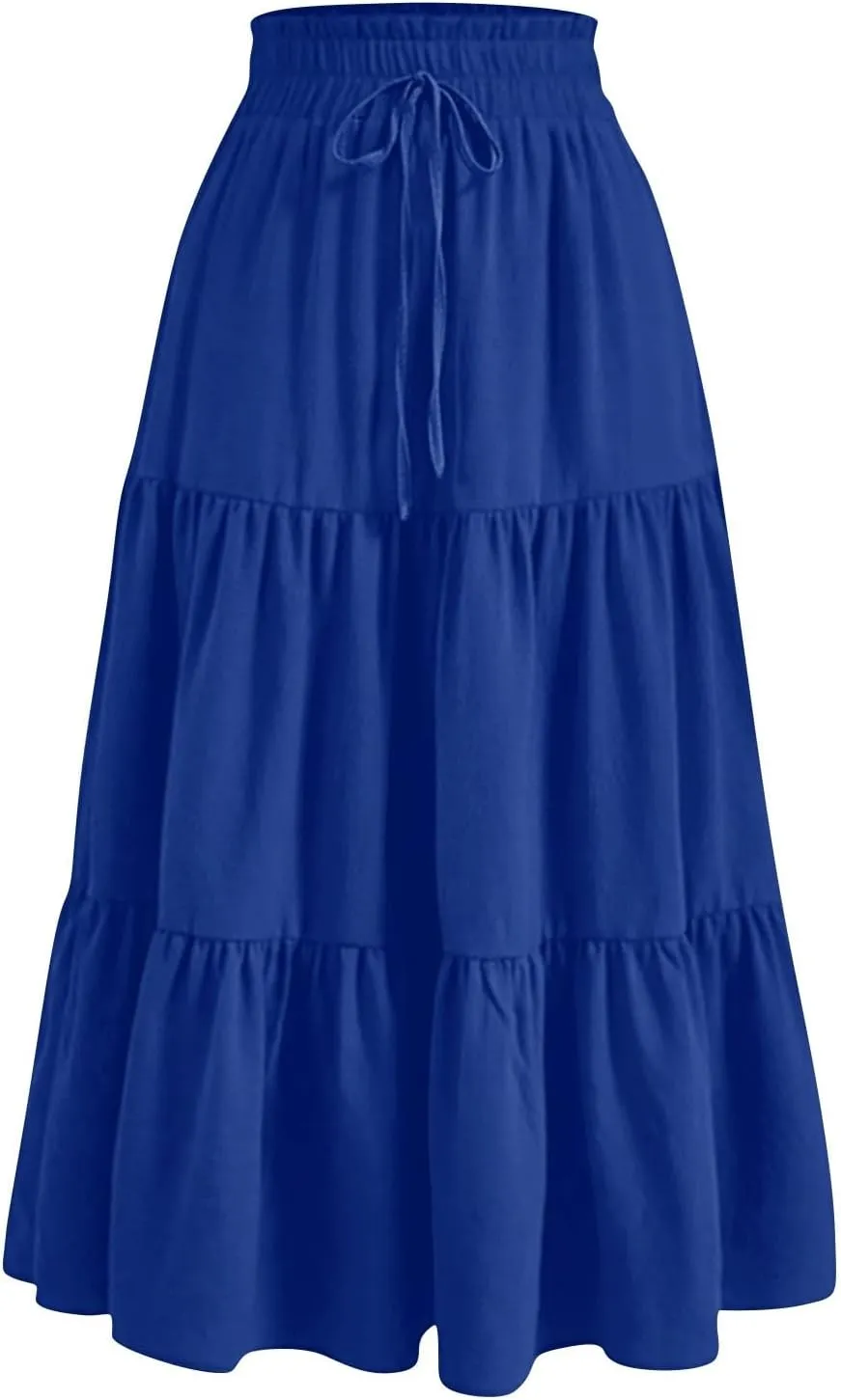 Floral Maxi Skirt for Women Summer Comfy Tiered Elastic High Waisted Skirts Vacation A-Line Flowy Swing Long Skirts