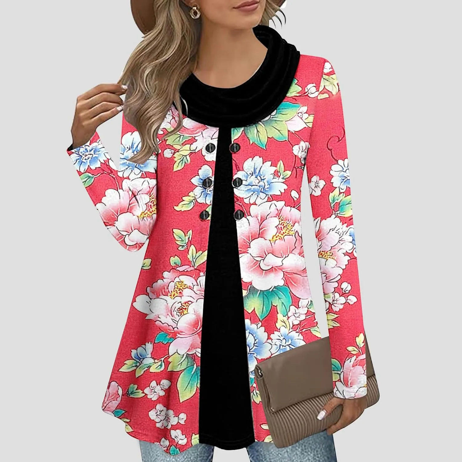 Floral Tops for Women Long Sleeve Cowl Tops Casual Trendy Tops Button Down Tunic Tops Dressy Casual Tops for 2024