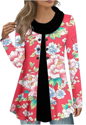 Floral Tops for Women Long Sleeve Cowl Tops Casual Trendy Tops Button Down Tunic Tops Dressy Casual Tops for 2024
