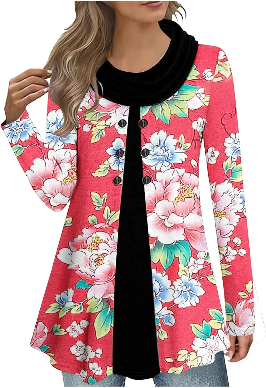 Floral Tops for Women Long Sleeve Cowl Tops Casual Trendy Tops Button Down Tunic Tops Dressy Casual Tops for 2024