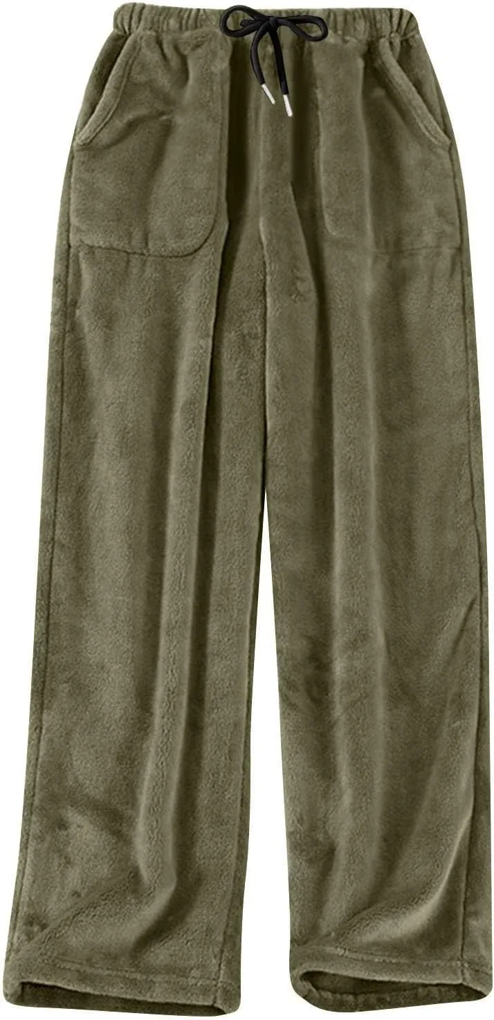 FQZWONG Pajama Pants Women Lounge Wide Leg Flannel Pants Comfy Fuzzy Pj Pants Baggy Elastic Waist Trousers Pants with Pockets