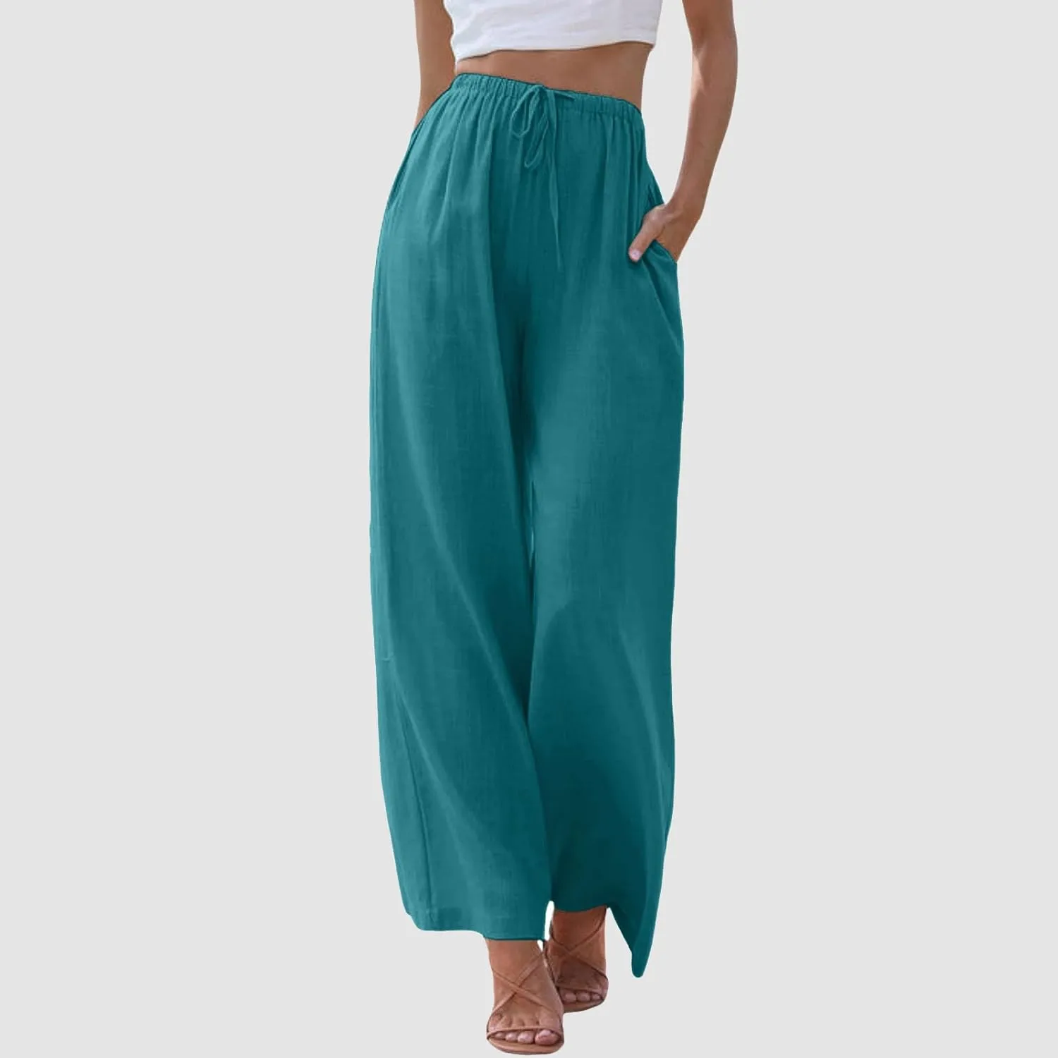 Gauze Pants Women Cotton Linen Summer Palazzo Pants Flowy Wide Leg Beach Trousers with Pockets