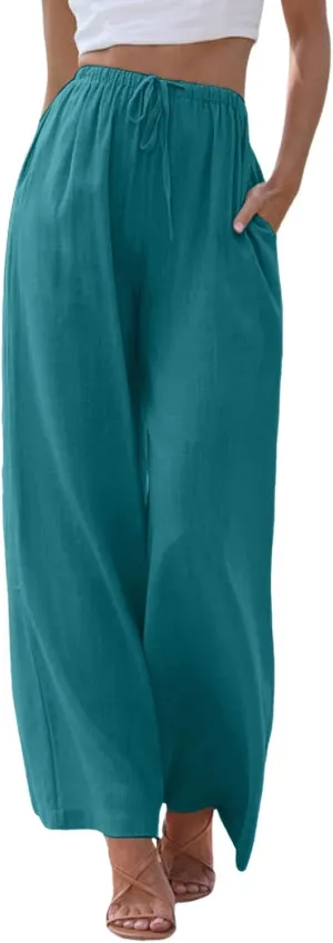 Gauze Pants Women Cotton Linen Summer Palazzo Pants Flowy Wide Leg Beach Trousers with Pockets