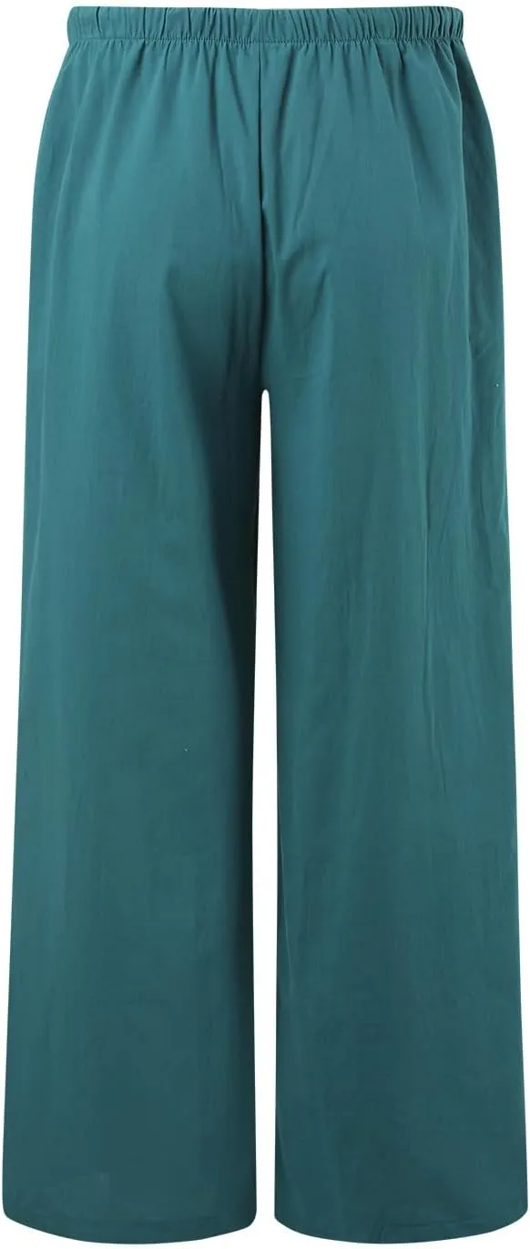 Gauze Pants Women Cotton Linen Summer Palazzo Pants Flowy Wide Leg Beach Trousers with Pockets