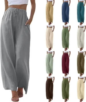 Gauze Pants Women Cotton Linen Summer Palazzo Pants Flowy Wide Leg Beach Trousers with Pockets
