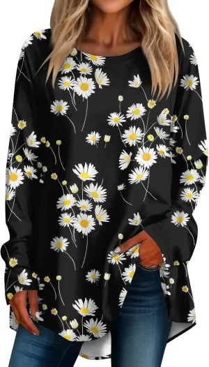 Going Out Tops For Women, Womens Loose Fit Long Sleeve Blouse Trendy Crewneck Tunics Or Tops To Wear With Leggings