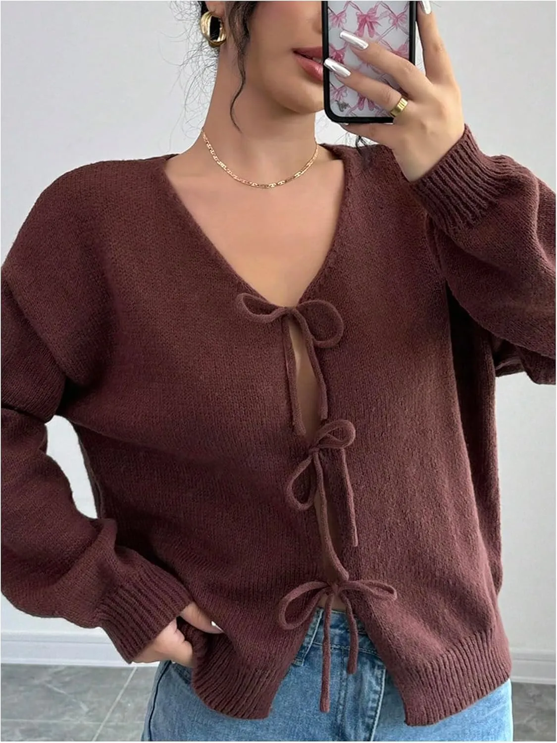 GORGLITTER Women's Y2K Tie Front Sweater Long Sleeve Open Front Cardigan Sweaters