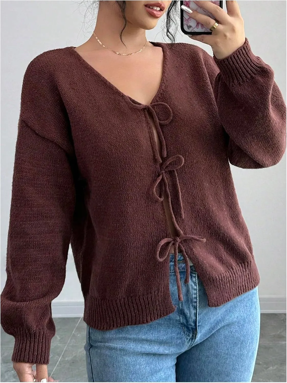 GORGLITTER Women's Y2K Tie Front Sweater Long Sleeve Open Front Cardigan Sweaters