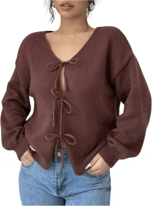 GORGLITTER Women's Y2K Tie Front Sweater Long Sleeve Open Front Cardigan Sweaters